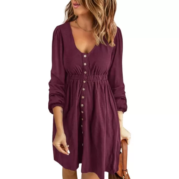 imageBTFBM Women 2023 Casual Button Down Summer Fall Dresses Long Sleeve Crew Neck Solid High Waist Short Tunic Mini DressLong Buttons Wine Red