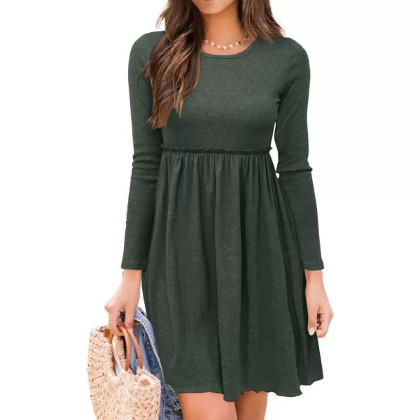 imageBTFBM Women 2023 Casual Button Down Summer Fall Dresses Long Sleeve Crew Neck Solid High Waist Short Tunic Mini DressLong Sleeve Army Green