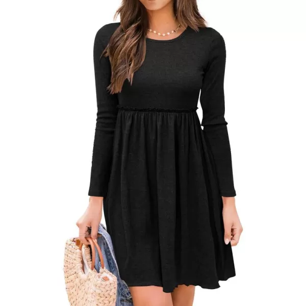 imageBTFBM Women 2023 Casual Button Down Summer Fall Dresses Long Sleeve Crew Neck Solid High Waist Short Tunic Mini DressLong Sleeve Black
