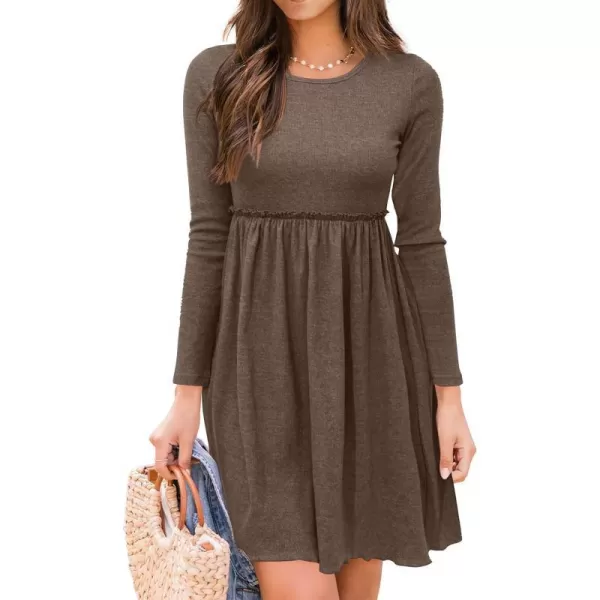 imageBTFBM Women 2023 Casual Button Down Summer Fall Dresses Long Sleeve Crew Neck Solid High Waist Short Tunic Mini DressLong Sleeve Coffee