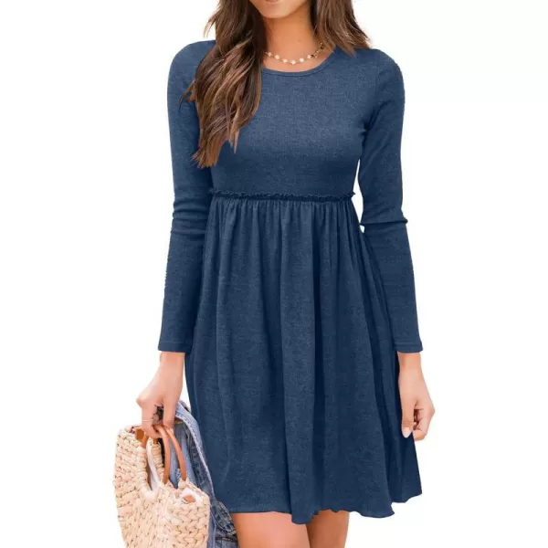 imageBTFBM Women 2023 Casual Button Down Summer Fall Dresses Long Sleeve Crew Neck Solid High Waist Short Tunic Mini DressLong Sleeve Dark Blue