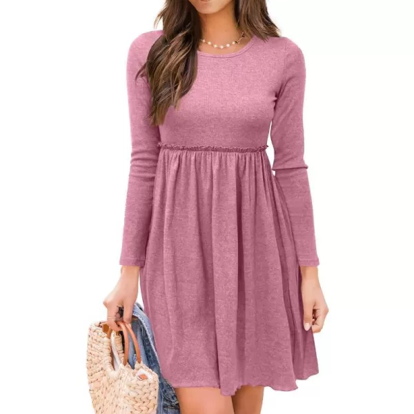 imageBTFBM Women 2023 Casual Button Down Summer Fall Dresses Long Sleeve Crew Neck Solid High Waist Short Tunic Mini DressLong Sleeve Pink