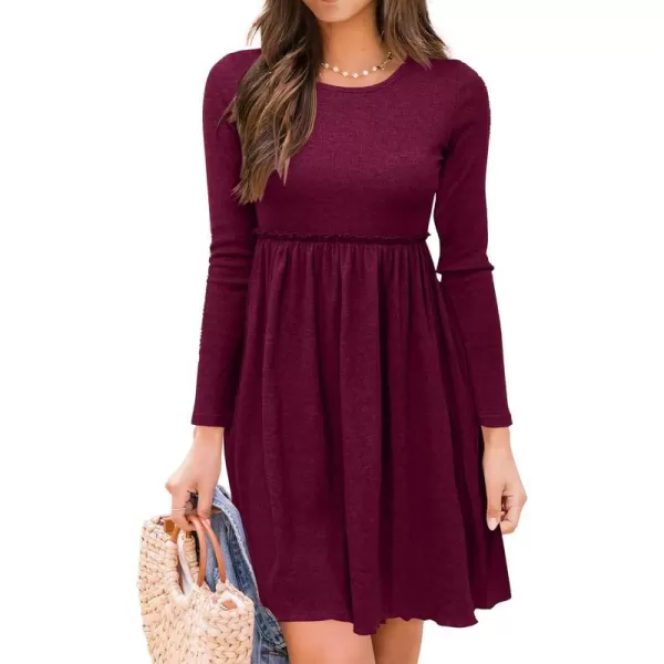 imageBTFBM Women 2023 Casual Button Down Summer Fall Dresses Long Sleeve Crew Neck Solid High Waist Short Tunic Mini DressLong Sleeve Purple Red
