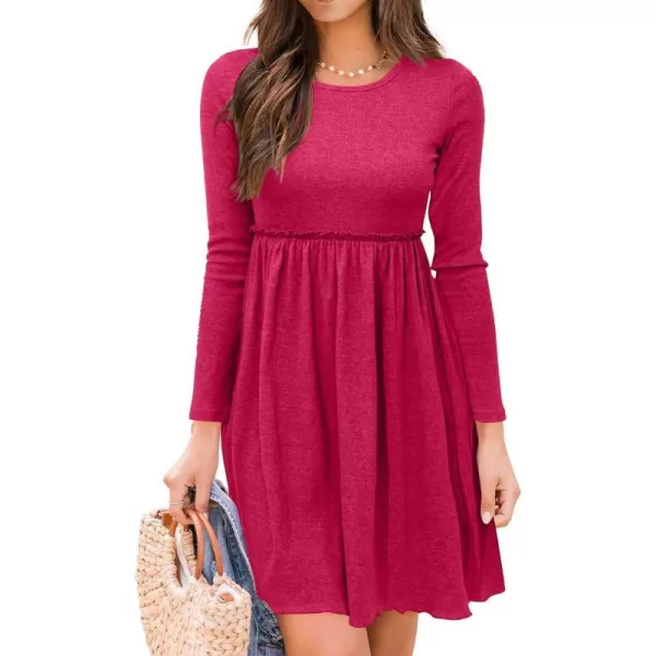 imageBTFBM Women 2023 Casual Button Down Summer Fall Dresses Long Sleeve Crew Neck Solid High Waist Short Tunic Mini DressLong Sleeve Rose Red