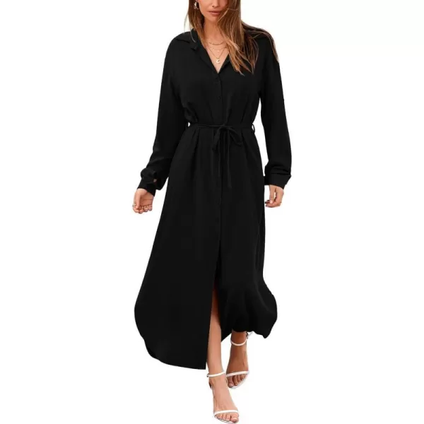 imageBTFBM Women 2023 Casual Long Sleeve Maxi Dress Fall Spring Button Down Shirt Dresses Tie Waist Side Slit Long Linen DressSolid Black