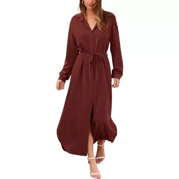 imageBTFBM Women 2023 Casual Long Sleeve Maxi Dress Fall Spring Button Down Shirt Dresses Tie Waist Side Slit Long Linen DressSolid Dark Brown