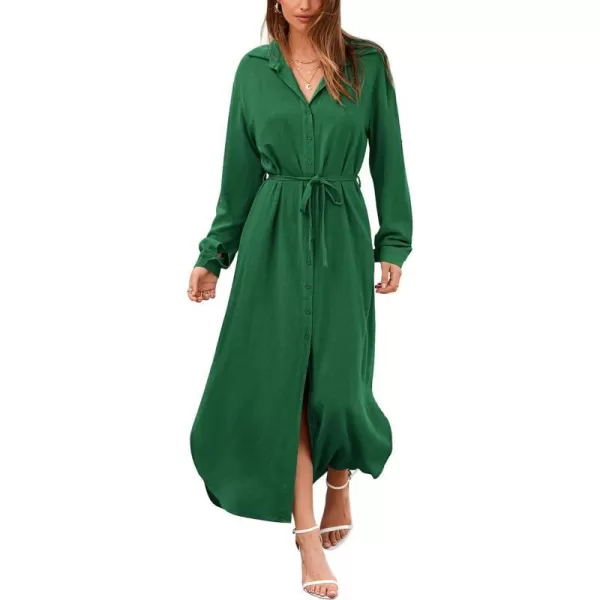 imageBTFBM Women 2023 Casual Long Sleeve Maxi Dress Fall Spring Button Down Shirt Dresses Tie Waist Side Slit Long Linen DressSolid Green
