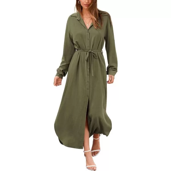 imageBTFBM Women 2023 Casual Long Sleeve Maxi Dress Fall Spring Button Down Shirt Dresses Tie Waist Side Slit Long Linen DressSolid Light Army Green