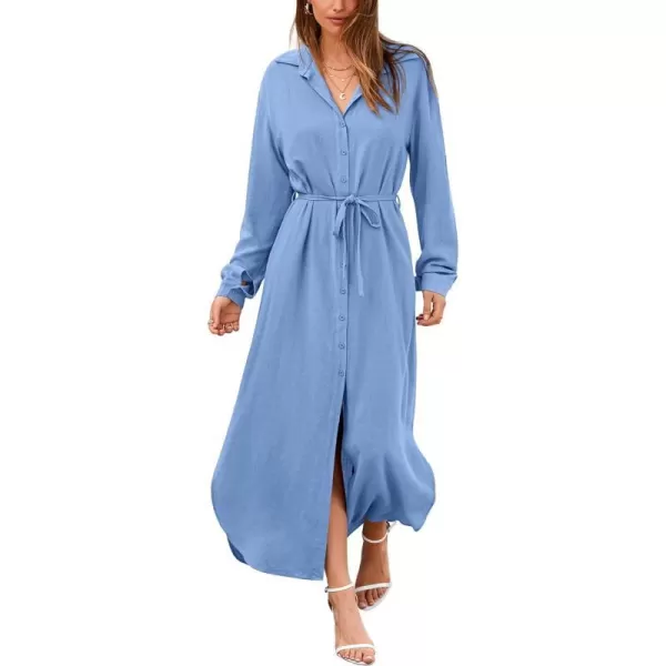 imageBTFBM Women 2023 Casual Long Sleeve Maxi Dress Fall Spring Button Down Shirt Dresses Tie Waist Side Slit Long Linen DressSolid Light Blue