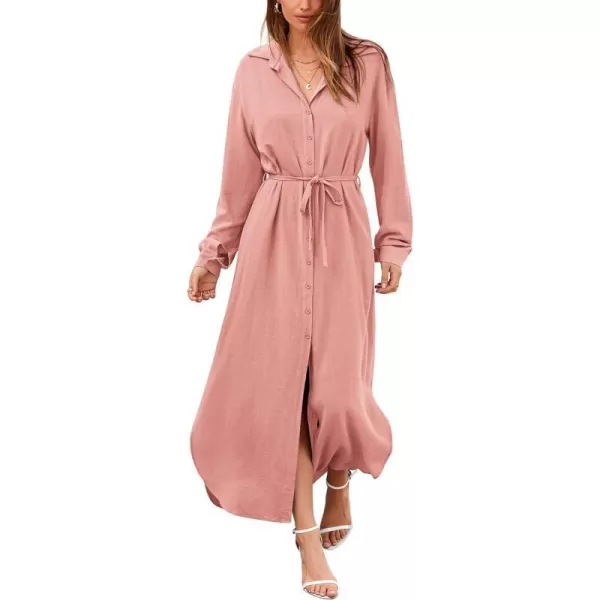imageBTFBM Women 2023 Casual Long Sleeve Maxi Dress Fall Spring Button Down Shirt Dresses Tie Waist Side Slit Long Linen DressSolid Pink