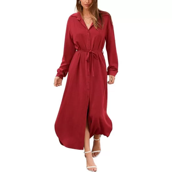 imageBTFBM Women 2023 Casual Long Sleeve Maxi Dress Fall Spring Button Down Shirt Dresses Tie Waist Side Slit Long Linen DressSolid Red