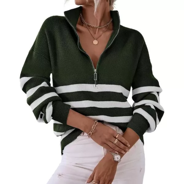 imageBTFBM Women 2023 Casual Long Sleeve Zip Striped Pullover Sweaters V Neck Collar Ribbed Knit Fall Winter Slouchy JumpersStriped Army Green