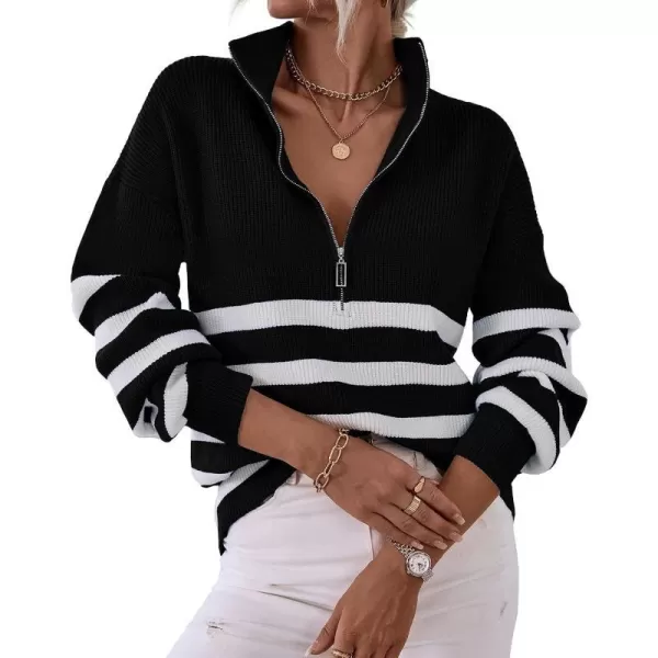 imageBTFBM Women 2023 Casual Long Sleeve Zip Striped Pullover Sweaters V Neck Collar Ribbed Knit Fall Winter Slouchy JumpersStriped Black