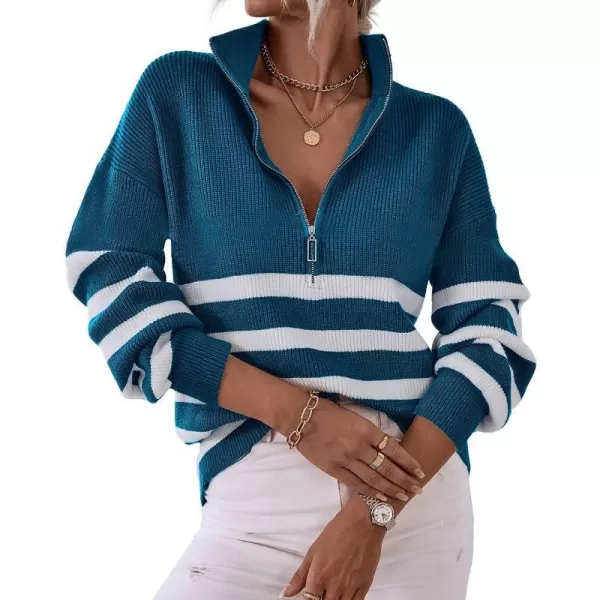 imageBTFBM Women 2023 Casual Long Sleeve Zip Striped Pullover Sweaters V Neck Collar Ribbed Knit Fall Winter Slouchy JumpersStriped Blue