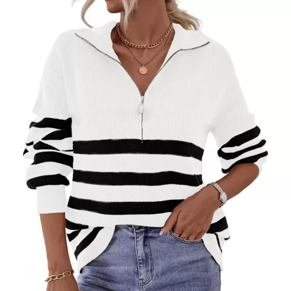 imageBTFBM Women 2023 Casual Long Sleeve Zip Striped Pullover Sweaters V Neck Collar Ribbed Knit Fall Winter Slouchy JumpersStriped White