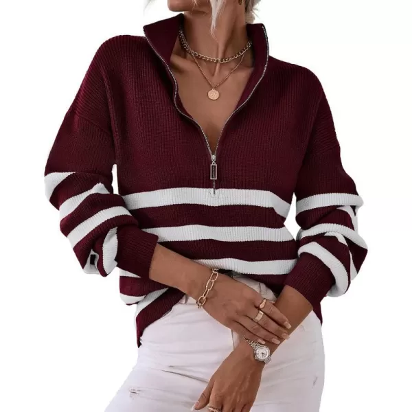 imageBTFBM Women 2023 Casual Long Sleeve Zip Striped Pullover Sweaters V Neck Collar Ribbed Knit Fall Winter Slouchy JumpersStriped Wine Red