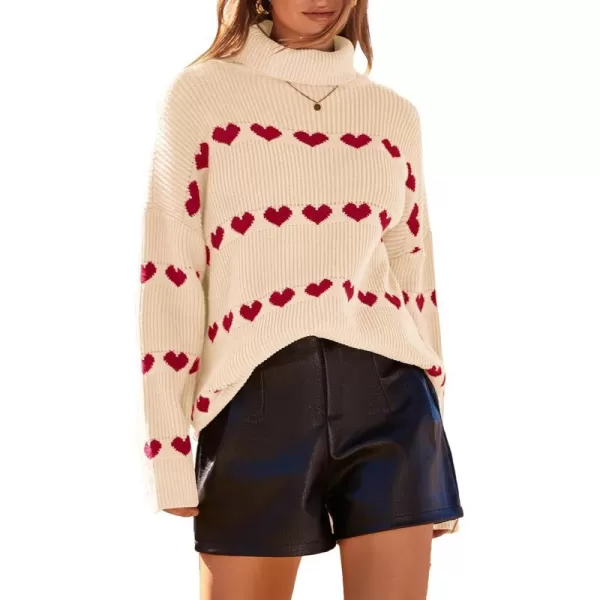 imageBTFBM Women 2023 Casual Turtleneck Sweaters Heart Print Oversized Long Sleeve Knit Fall Winter Jumper PulloversHeart Beige Red