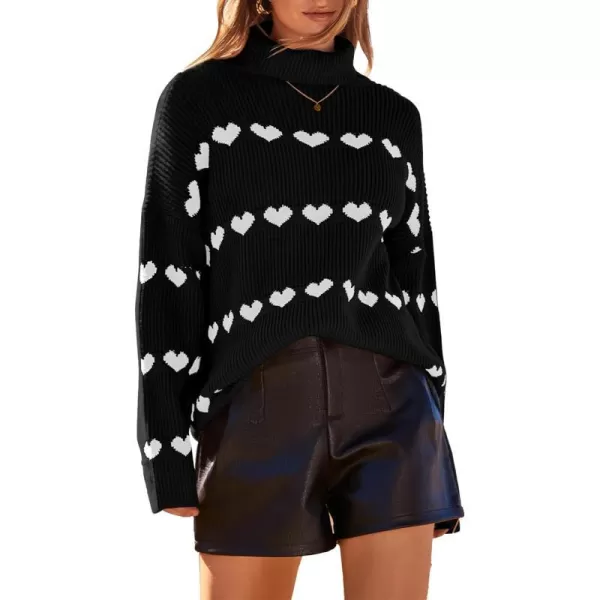 imageBTFBM Women 2023 Casual Turtleneck Sweaters Heart Print Oversized Long Sleeve Knit Fall Winter Jumper PulloversHeart Black White