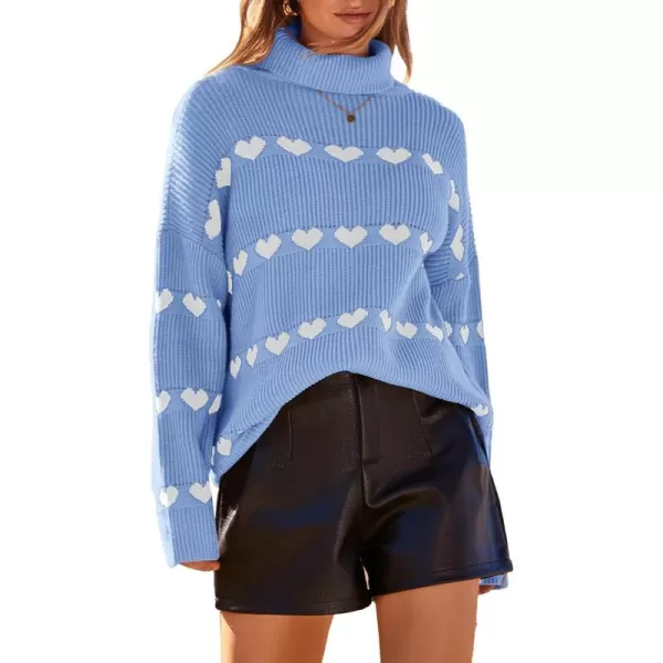 imageBTFBM Women 2023 Casual Turtleneck Sweaters Heart Print Oversized Long Sleeve Knit Fall Winter Jumper PulloversHeart Blue White