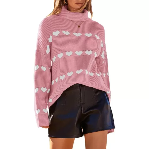 imageBTFBM Women 2023 Casual Turtleneck Sweaters Heart Print Oversized Long Sleeve Knit Fall Winter Jumper PulloversHeart Light Pink White