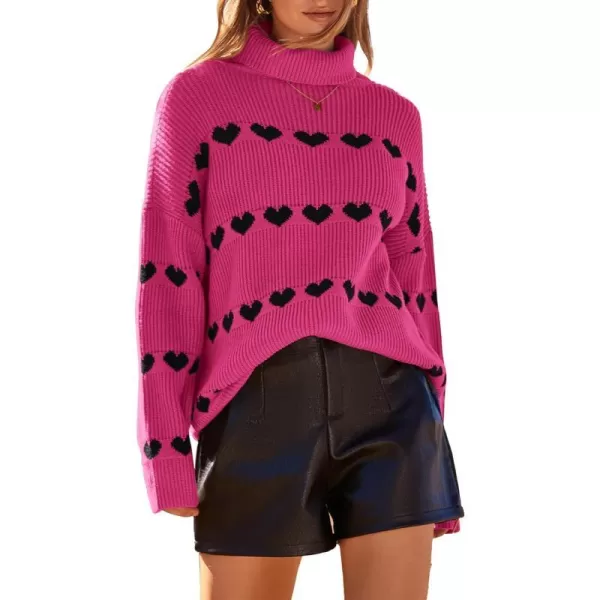 imageBTFBM Women 2023 Casual Turtleneck Sweaters Heart Print Oversized Long Sleeve Knit Fall Winter Jumper PulloversHeart Rose Red Black
