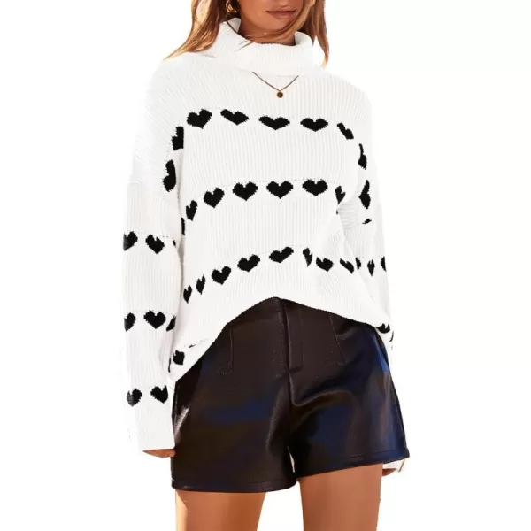 imageBTFBM Women 2023 Casual Turtleneck Sweaters Heart Print Oversized Long Sleeve Knit Fall Winter Jumper PulloversHeart White Black