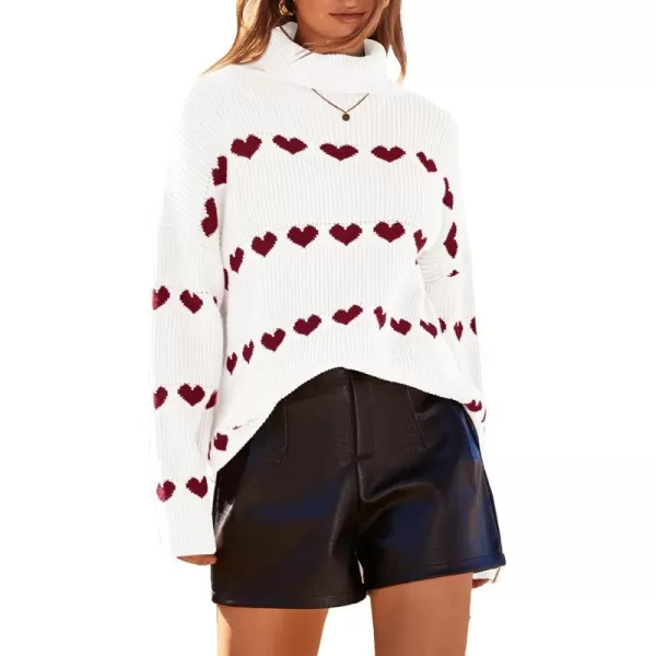 imageBTFBM Women 2023 Casual Turtleneck Sweaters Heart Print Oversized Long Sleeve Knit Fall Winter Jumper PulloversHeart White Wine Red