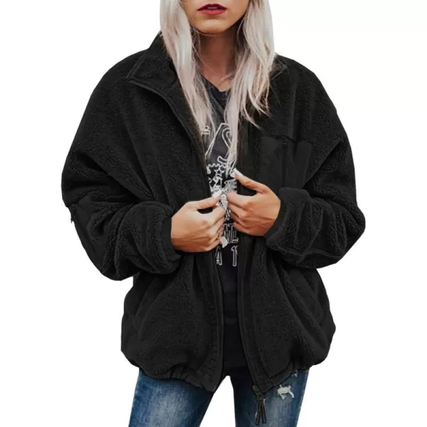 imageBTFBM Women 2023 Fall Winter Fleece Jackets Full Zip Long Sleeve Casual Soft Fuzzy Shaggy Teddy Coats Jacket OuterwearSolid Black