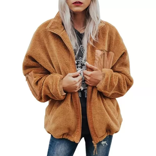 imageBTFBM Women 2023 Fall Winter Fleece Jackets Full Zip Long Sleeve Casual Soft Fuzzy Shaggy Teddy Coats Jacket OuterwearSolid Brown