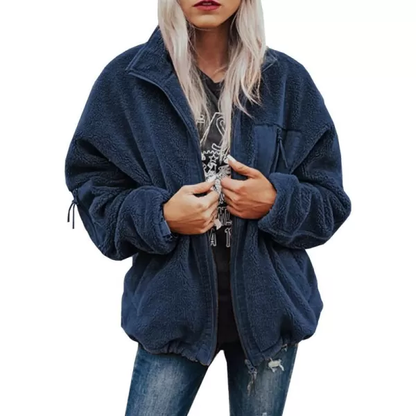 imageBTFBM Women 2023 Fall Winter Fleece Jackets Full Zip Long Sleeve Casual Soft Fuzzy Shaggy Teddy Coats Jacket OuterwearSolid Dark Blue