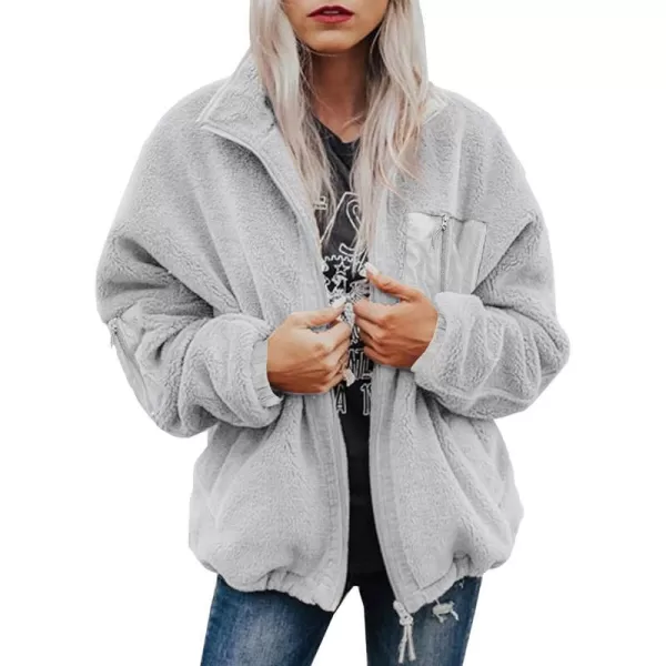 imageBTFBM Women 2023 Fall Winter Fleece Jackets Full Zip Long Sleeve Casual Soft Fuzzy Shaggy Teddy Coats Jacket OuterwearSolid Grey