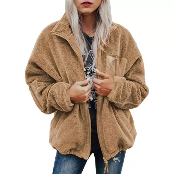 imageBTFBM Women 2023 Fall Winter Fleece Jackets Full Zip Long Sleeve Casual Soft Fuzzy Shaggy Teddy Coats Jacket OuterwearSolid Khaki