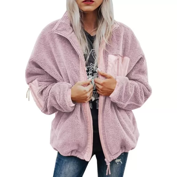 imageBTFBM Women 2023 Fall Winter Fleece Jackets Full Zip Long Sleeve Casual Soft Fuzzy Shaggy Teddy Coats Jacket OuterwearSolid Pink