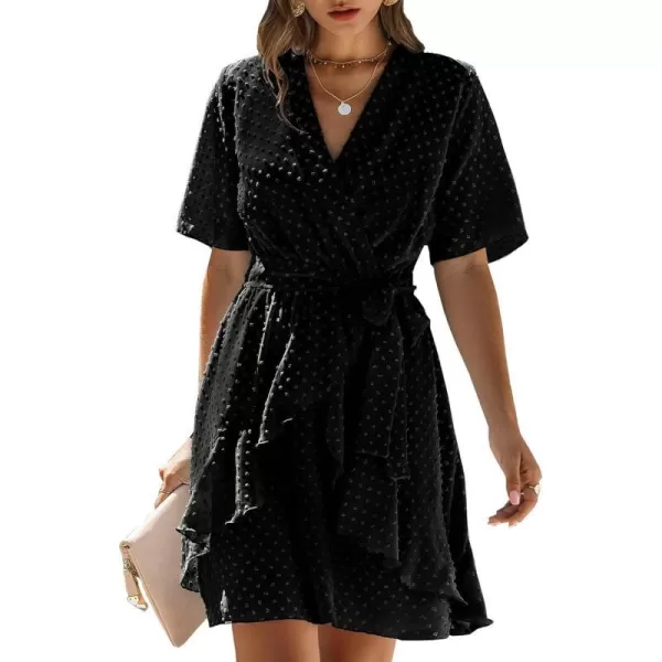 imageBTFBM Women 2023 Fashion Faux Wrap VNeck Dresses Short Sleeve High Waist Belt Swing Ruffle Hem Aline Summer Short DressBlack