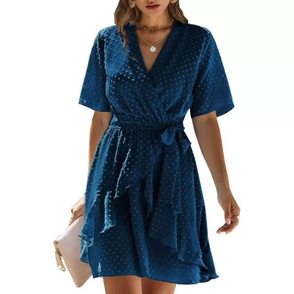 imageBTFBM Women 2023 Fashion Faux Wrap VNeck Dresses Short Sleeve High Waist Belt Swing Ruffle Hem Aline Summer Short DressDark Blue