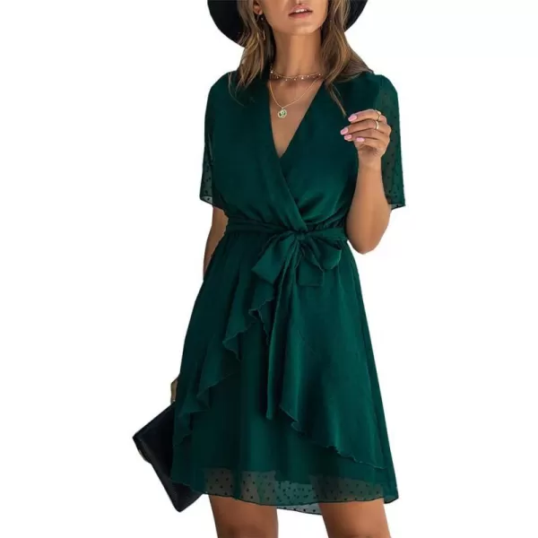 imageBTFBM Women 2023 Fashion Faux Wrap VNeck Dresses Short Sleeve High Waist Belt Swing Ruffle Hem Aline Summer Short DressDark Green