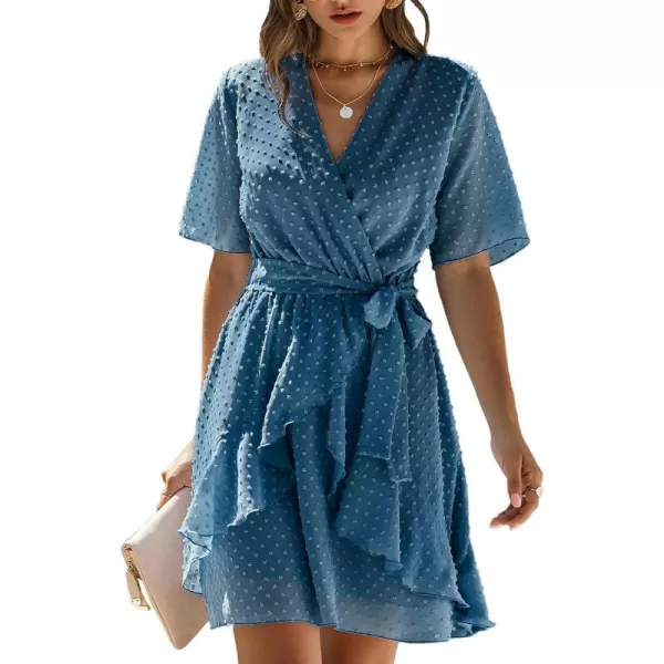 imageBTFBM Women 2023 Fashion Faux Wrap VNeck Dresses Short Sleeve High Waist Belt Swing Ruffle Hem Aline Summer Short DressGrey Blue