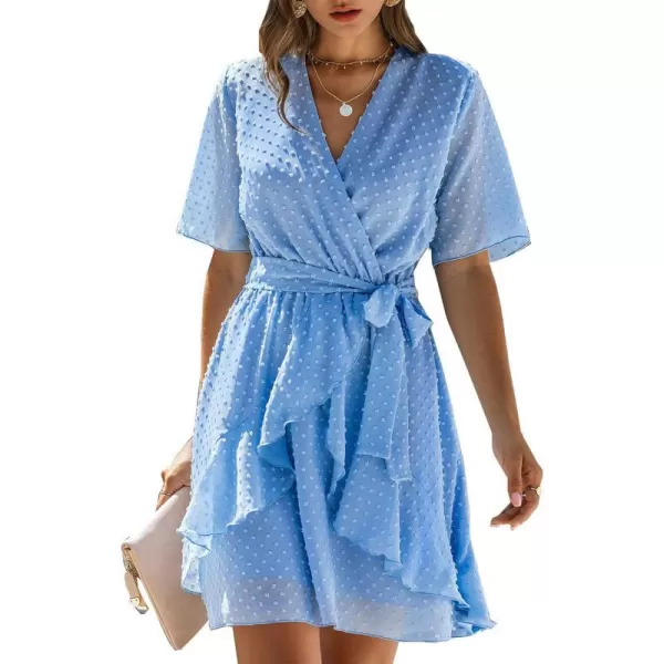 imageBTFBM Women 2023 Fashion Faux Wrap VNeck Dresses Short Sleeve High Waist Belt Swing Ruffle Hem Aline Summer Short DressLight Blue