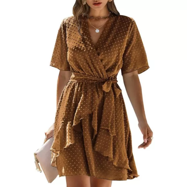 imageBTFBM Women 2023 Fashion Faux Wrap VNeck Dresses Short Sleeve High Waist Belt Swing Ruffle Hem Aline Summer Short DressLight Brown