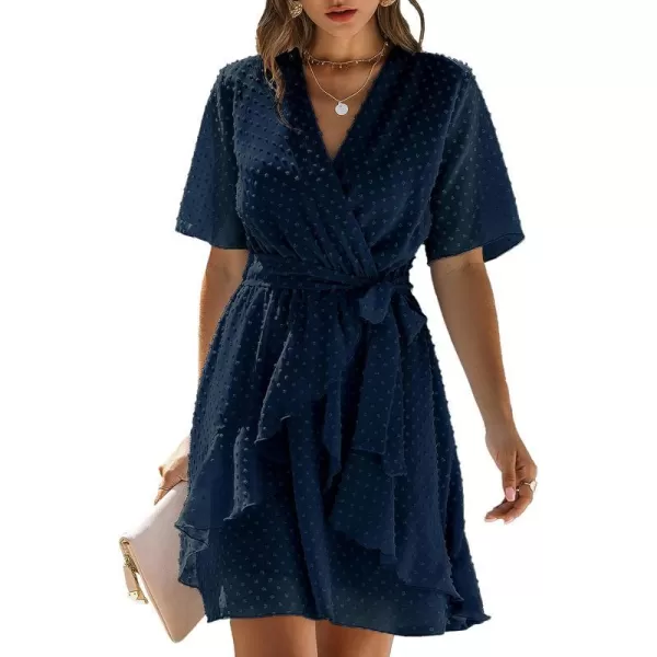 imageBTFBM Women 2023 Fashion Faux Wrap VNeck Dresses Short Sleeve High Waist Belt Swing Ruffle Hem Aline Summer Short DressNavy