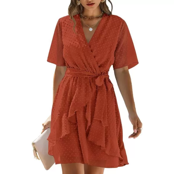 imageBTFBM Women 2023 Fashion Faux Wrap VNeck Dresses Short Sleeve High Waist Belt Swing Ruffle Hem Aline Summer Short DressOrange