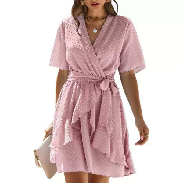 imageBTFBM Women 2023 Fashion Faux Wrap VNeck Dresses Short Sleeve High Waist Belt Swing Ruffle Hem Aline Summer Short DressPink