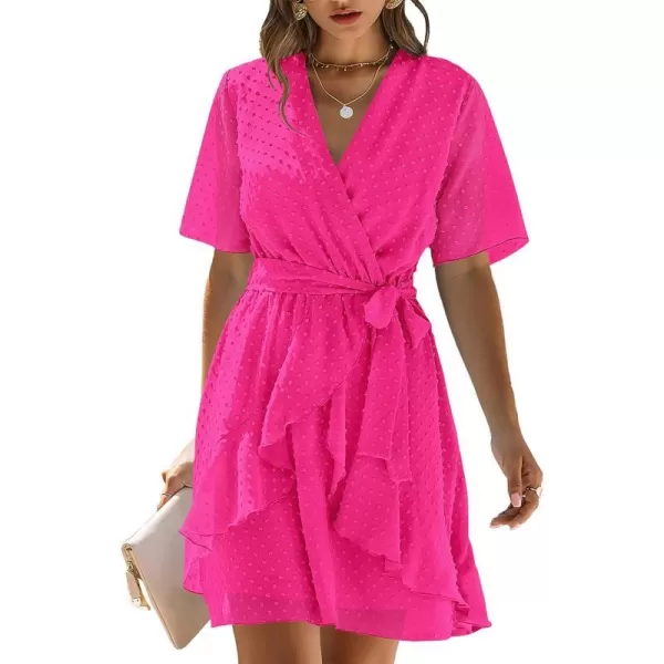 imageBTFBM Women 2023 Fashion Faux Wrap VNeck Dresses Short Sleeve High Waist Belt Swing Ruffle Hem Aline Summer Short DressRose Red
