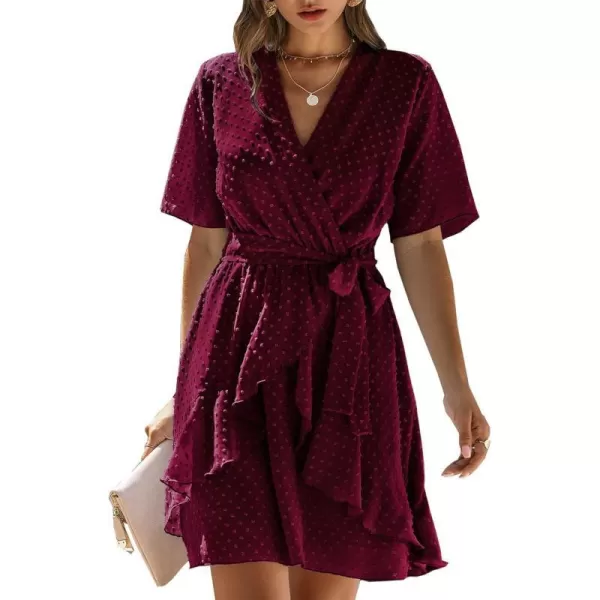 imageBTFBM Women 2023 Fashion Faux Wrap VNeck Dresses Short Sleeve High Waist Belt Swing Ruffle Hem Aline Summer Short DressWine Red