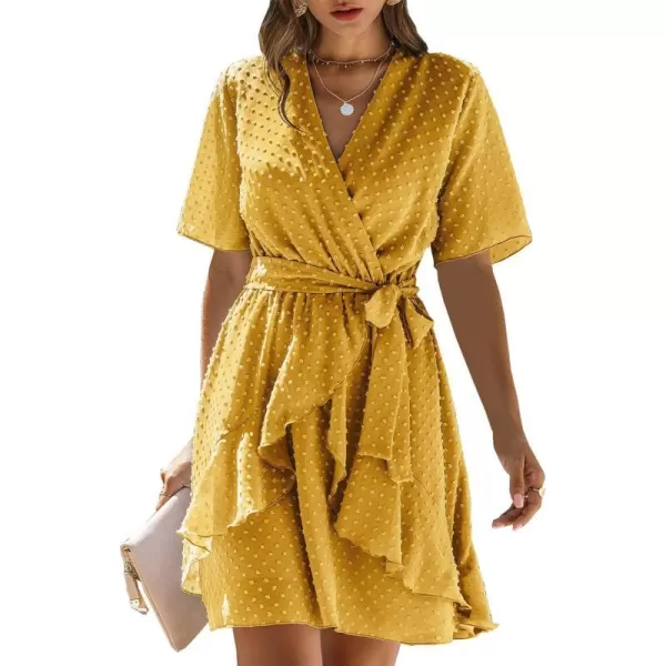 imageBTFBM Women 2023 Fashion Faux Wrap VNeck Dresses Short Sleeve High Waist Belt Swing Ruffle Hem Aline Summer Short DressYellow