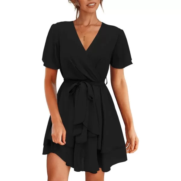 imageBTFBM Women 2023 Fashion Faux Wrap VNeck Dresses Short Sleeve High Waist Belt Swing Ruffle Hem Aline Summer Short DressZblack
