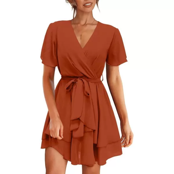 imageBTFBM Women 2023 Fashion Faux Wrap VNeck Dresses Short Sleeve High Waist Belt Swing Ruffle Hem Aline Summer Short DressZbrick Red