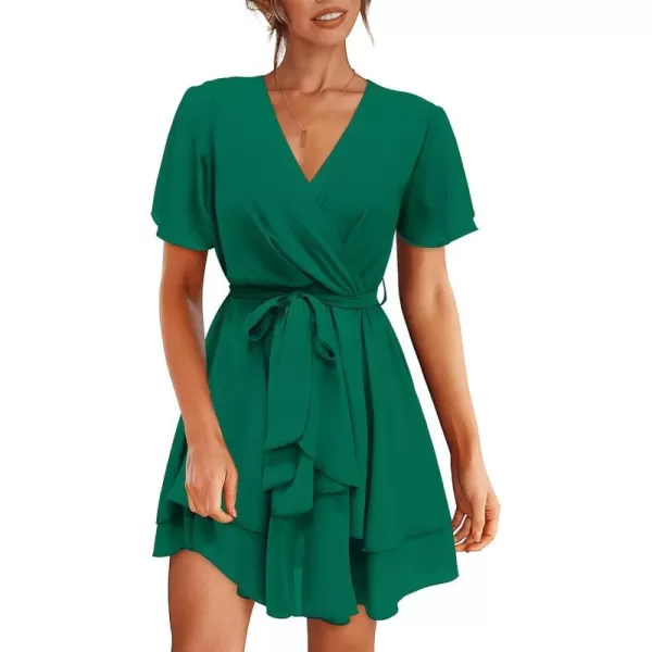 imageBTFBM Women 2023 Fashion Faux Wrap VNeck Dresses Short Sleeve High Waist Belt Swing Ruffle Hem Aline Summer Short DressZgreen