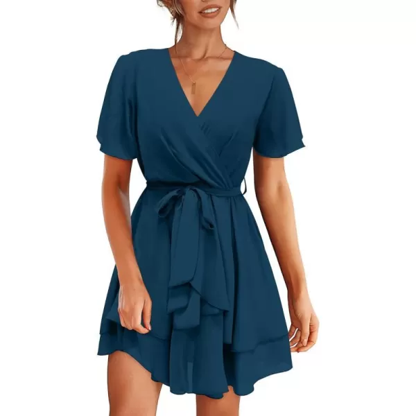 imageBTFBM Women 2023 Fashion Faux Wrap VNeck Dresses Short Sleeve High Waist Belt Swing Ruffle Hem Aline Summer Short DressZlake Blue