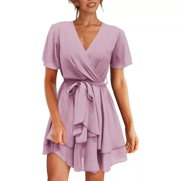 imageBTFBM Women 2023 Fashion Faux Wrap VNeck Dresses Short Sleeve High Waist Belt Swing Ruffle Hem Aline Summer Short DressZpink